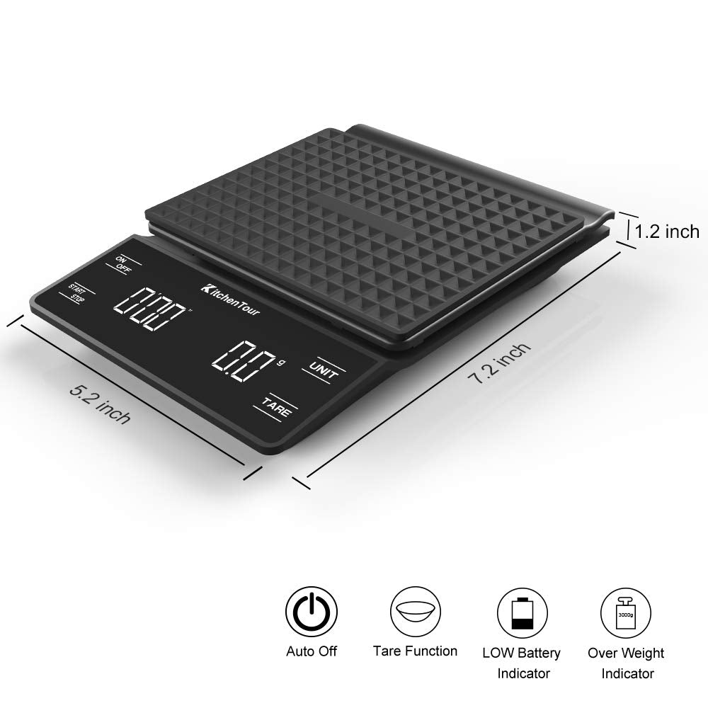 Coffee Scale with Timer 3kg/0.1g Scale with Back-Lit LCD Display (Batteries Included)