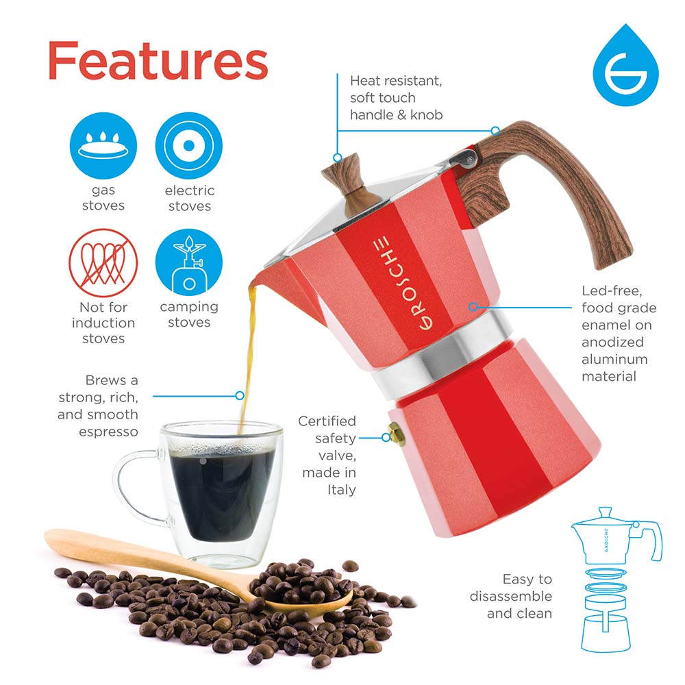 GROSCHE Milano Stovetop Espresso Maker Moka Pot 6 Espresso Cup - 9.3 oz, Italian Greca